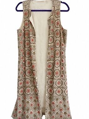Soft Surroundings Embroidered Boho Long Duster Vest Side Slit Beige Pink Medium